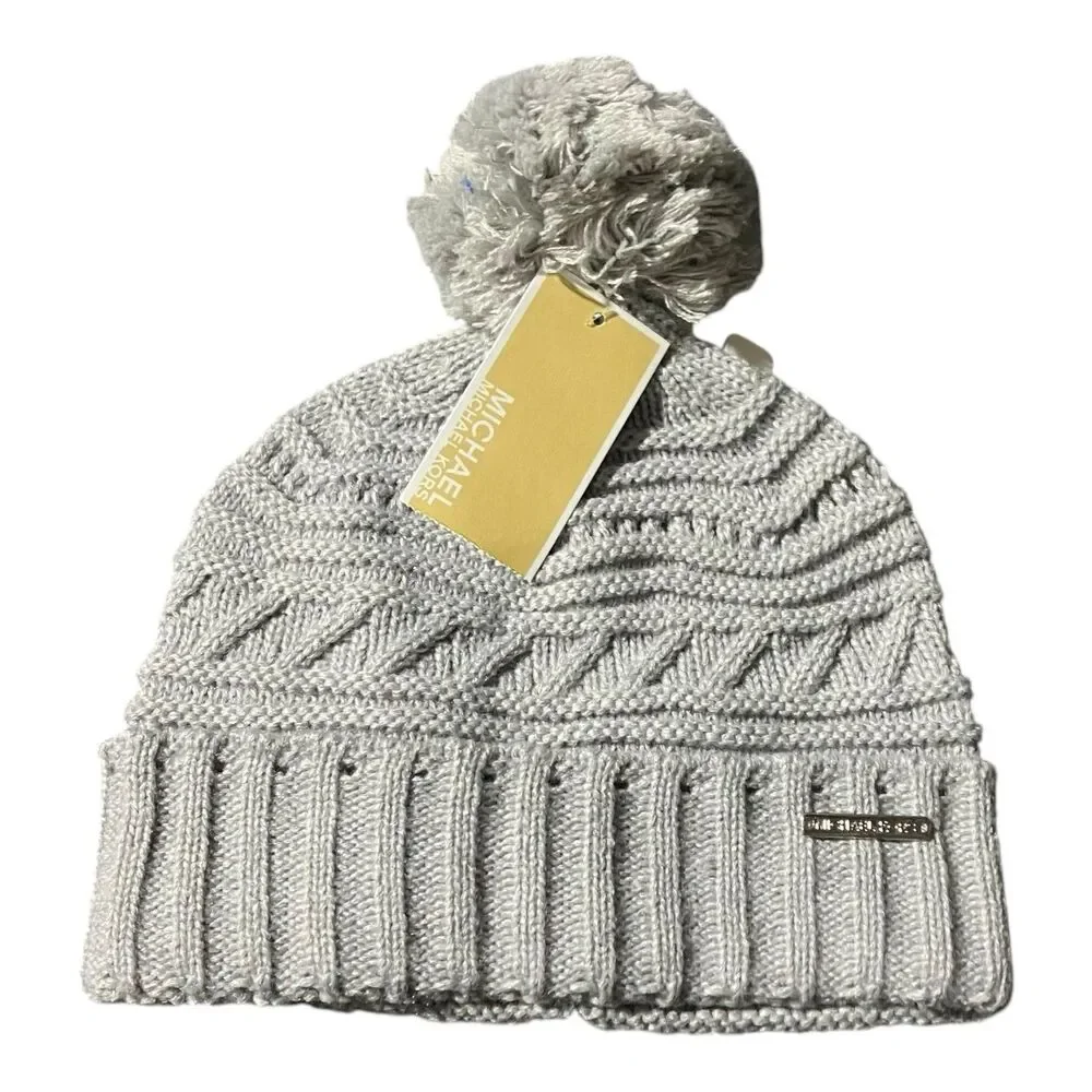 Michael Kors Gray Cable Knit Pom Beanie Womens One Size Winter Hat‎